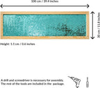 Measurement chart of a rectangular turquoise sequins panel with wooden frame, dimensions included.
