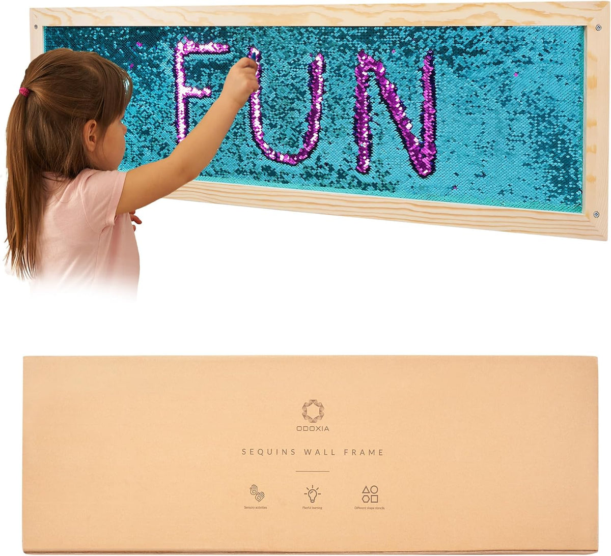 Child interacting with a sequin wall frame displaying the word 'FUN', with the brand packaging below.