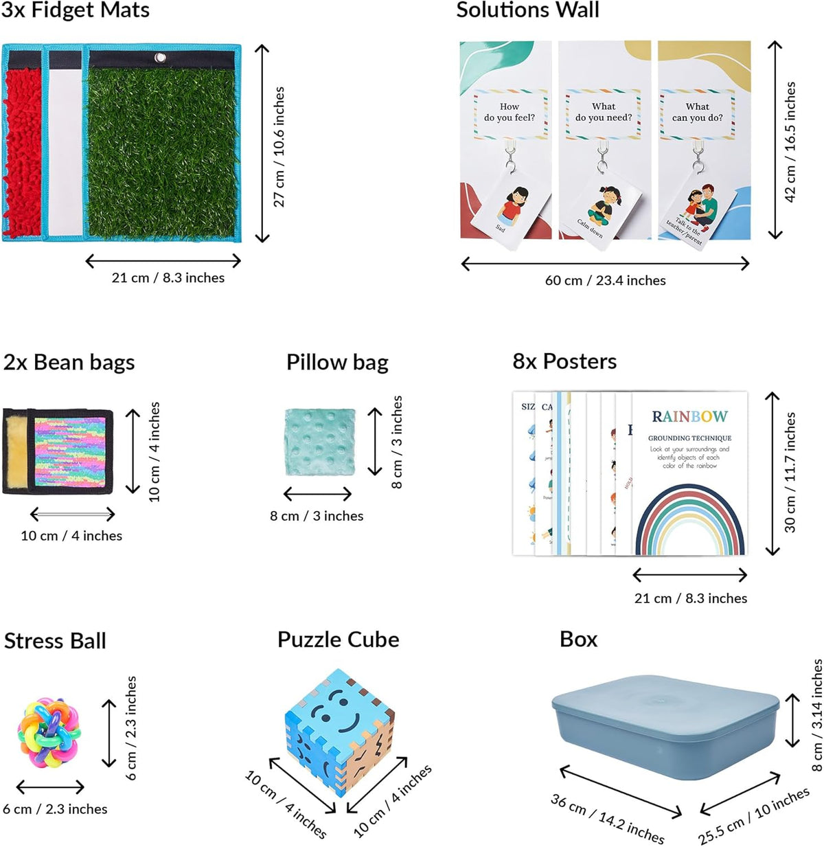 Product packaging with dimensions of various items including fidget mats, bean bags, posters, a pillow bag, a stress ball, a puzzle cube, and a box.