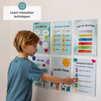 Child interacting with educational posters on a wall, focusing on relaxation techniques.