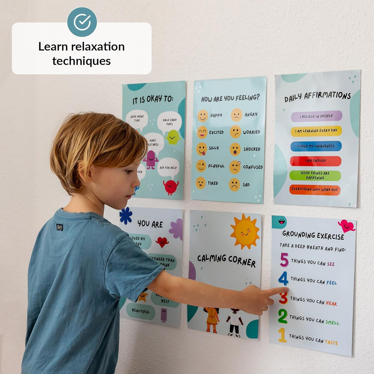 Child interacting with educational posters on a wall, focusing on relaxation techniques.