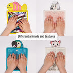 Collage of children's hands interacting with various textured animal-themed boards.