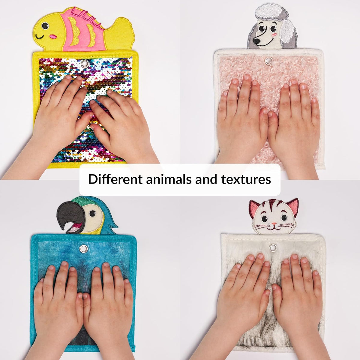 Collage of children's hands interacting with various textured animal-themed boards.