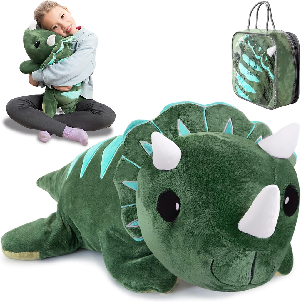Green plush dinosaur toy with a child holding it, and a carrying case.