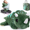 Green plush dinosaur toy with a child holding it, and a carrying case.