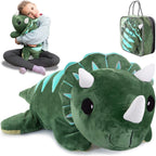 Green plush dinosaur toy with a child holding it, and a carrying case.