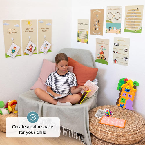 Child sitting on a couch with educational posters on the wall, surrounded by sensory toys.