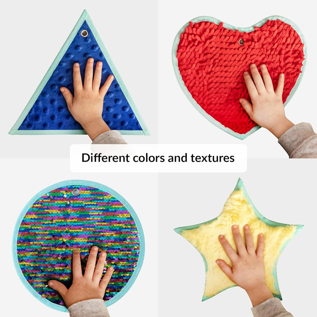 Children's hands interacting with various textured mats in different shapes and colors.