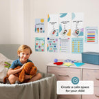 Child sitting on a bed holding a dog weighted plushie with educational posters on the wall.