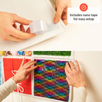 Hands applying tape to a colorful fabric panel with text indicating nano tape inclusion.