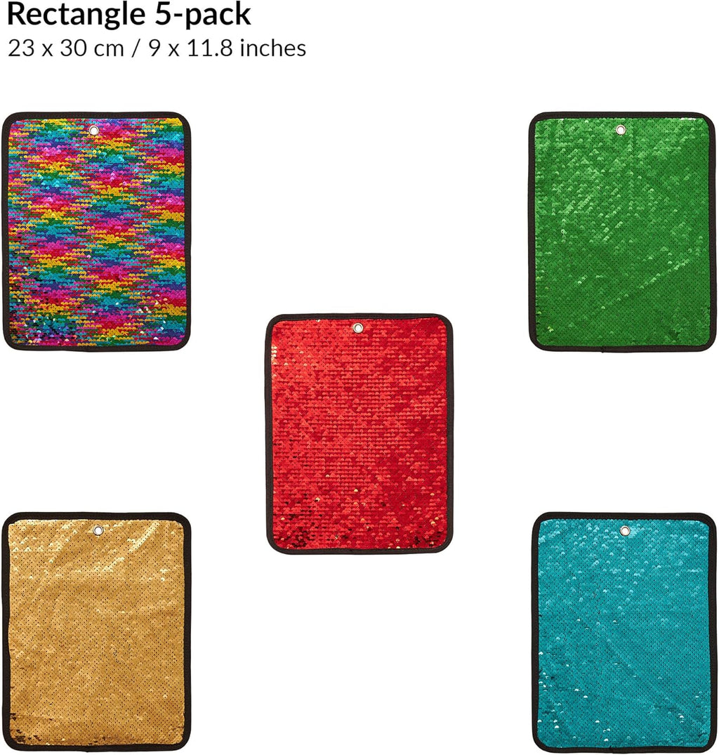 Five rectangular glittery sequins panels in different colors on a white background