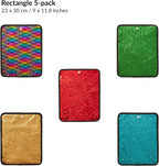 Five rectangular glittery sequins panels in different colors on a white background