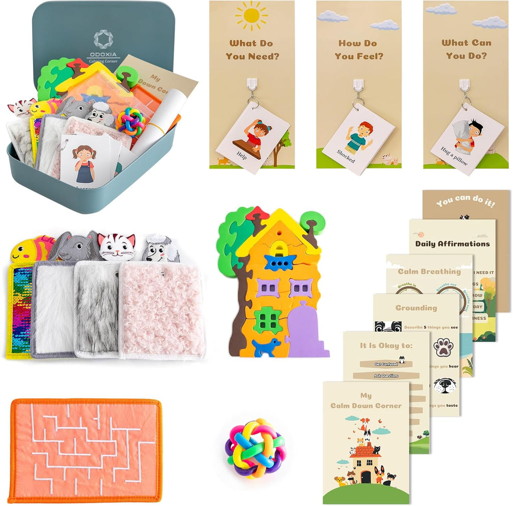 Collage of various calming and educational products including cards, toys, and tools.