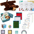 Collection of items including a teddy bear, and educational sensory materials on a white background