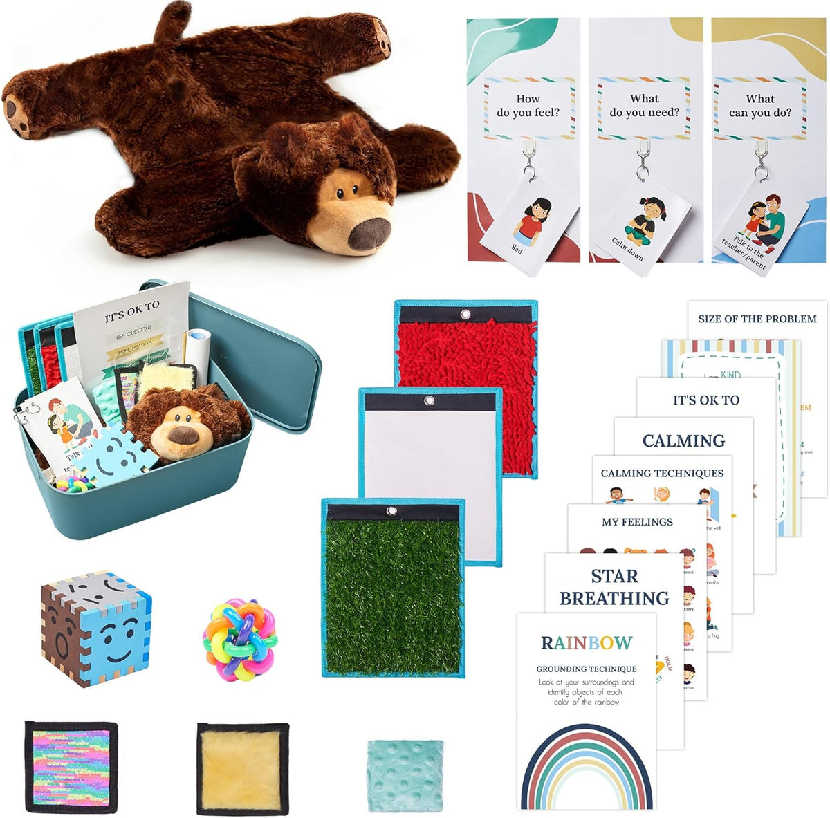 Collection of items including a teddy bear, and educational sensory materials on a white background