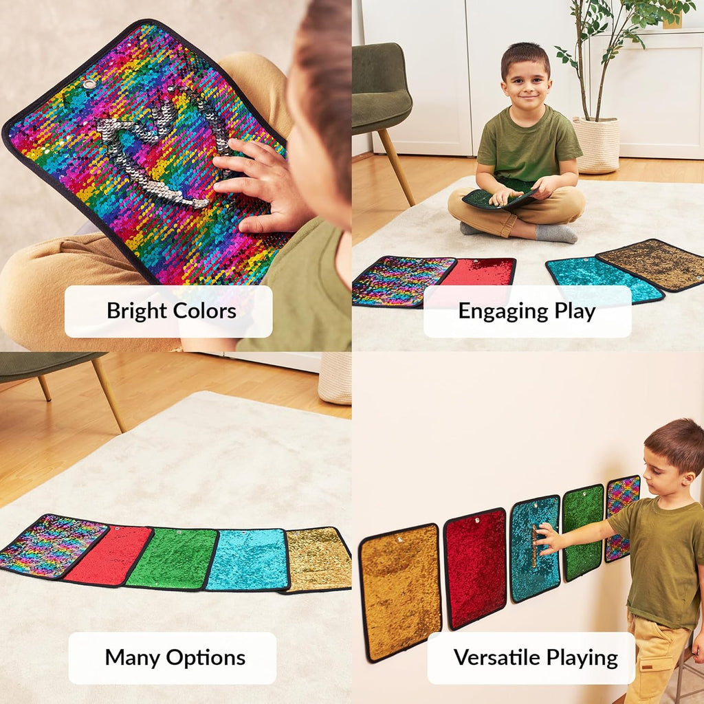 Children playing with colorful sensory mats in a room setting