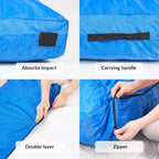 Blue mat with features labeled: absorbs impact, carrying handle, double-layer, and zipper.