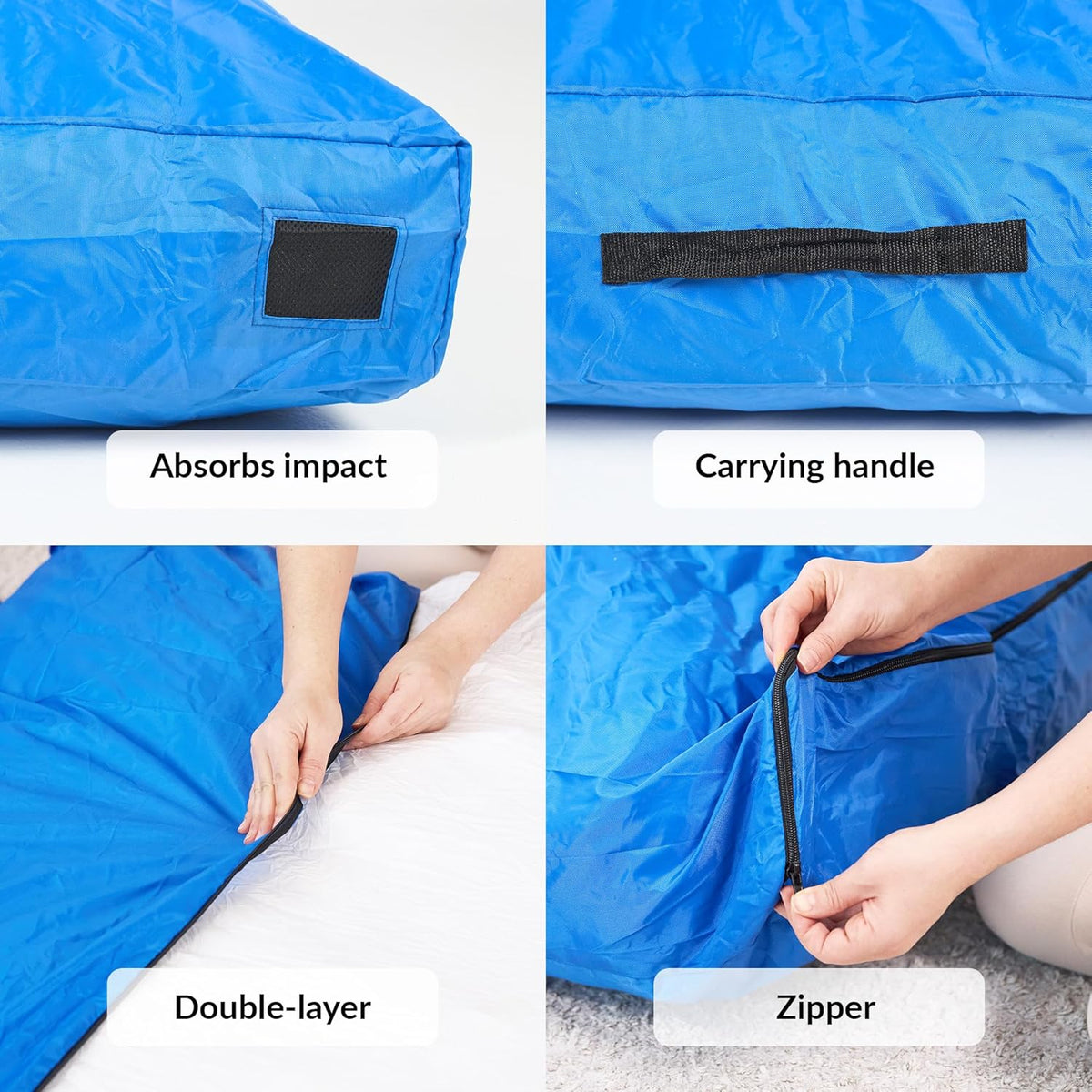 Blue mat with features labeled: absorbs impact, carrying handle, double-layer, and zipper.