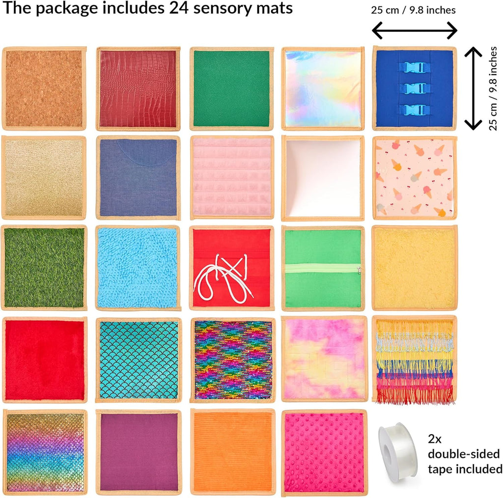 Collection of 24 sensory mats with various textures and colors, including dimensions and double-sided tape information.