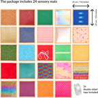Collection of 24 sensory mats with various textures and colors, including dimensions and double-sided tape information.