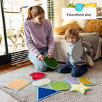 Woman and child playing with colorful educational toys on a carpeted floor.