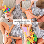 Collage of children playing with various toys on a couch, promoting calming activities.