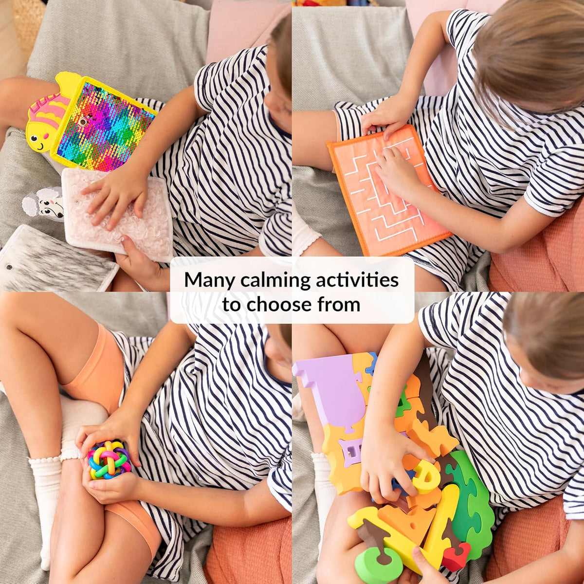 Collage of children playing with various toys on a couch, promoting calming activities.