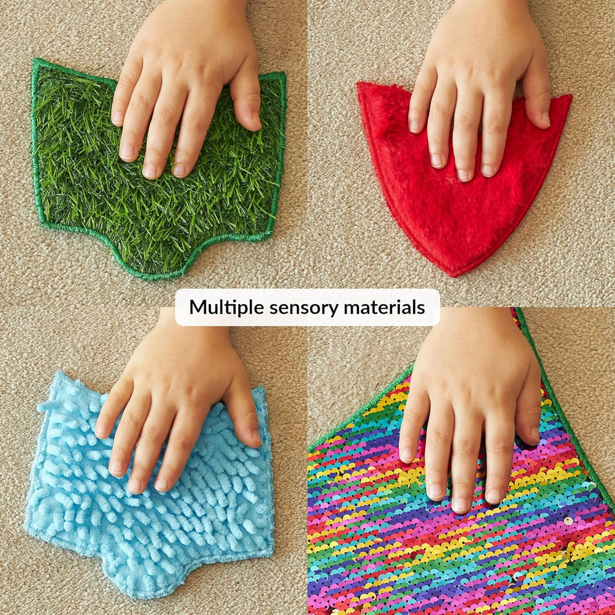 Four different textured fabric samples being touched by a child's hand on a beige carpet.