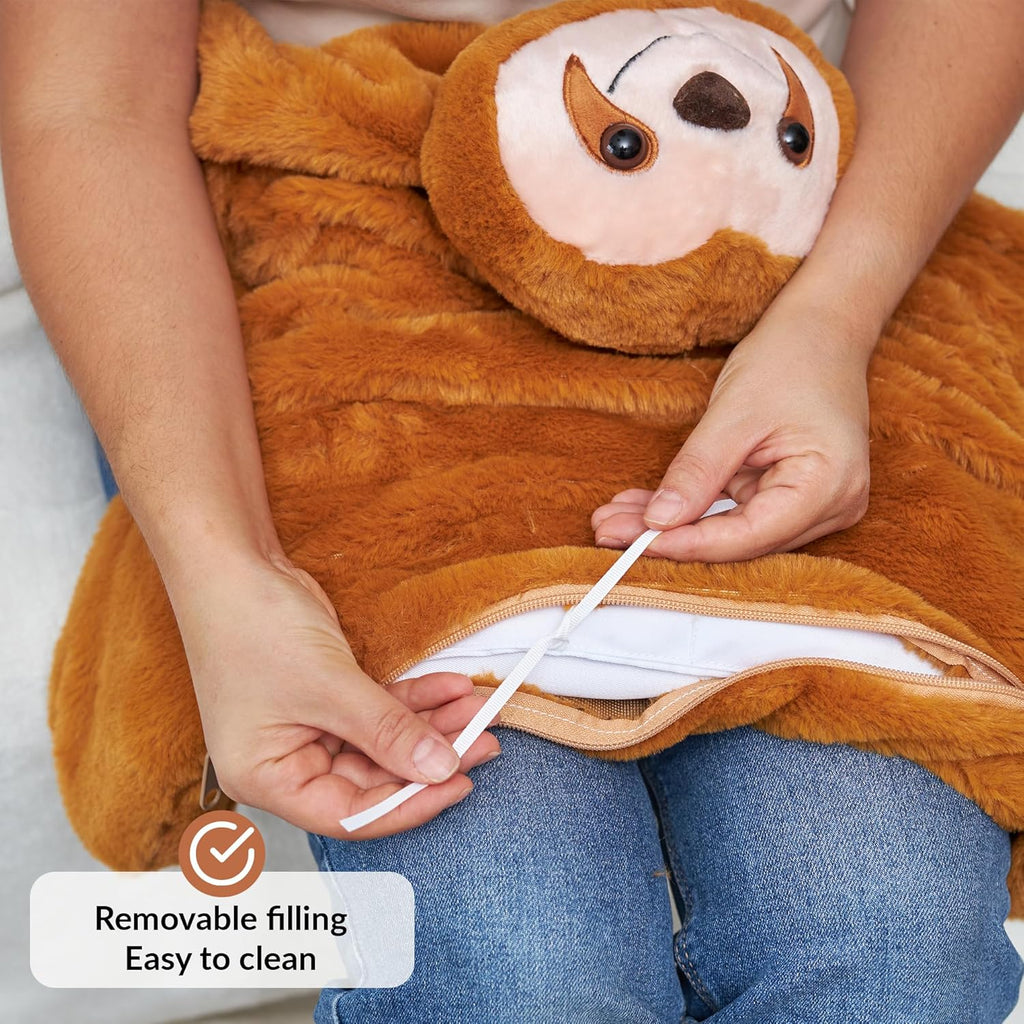 Person holding a plush toy with a removable filling feature, shown on a white background.