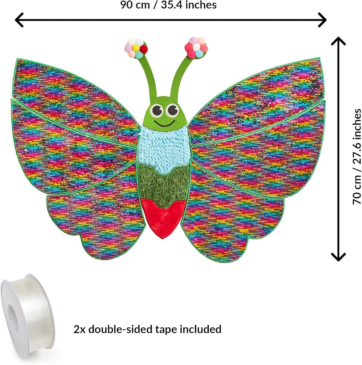 Colorful butterfly wall toy with dimensions and double-sided tape included