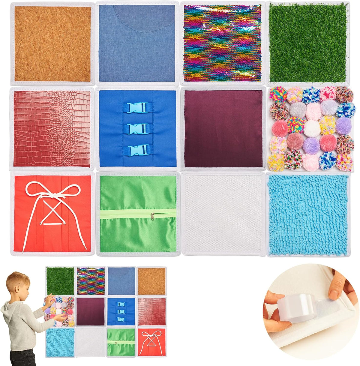 Collection of fabric tiles in various textures and colors with a child interacting with them.