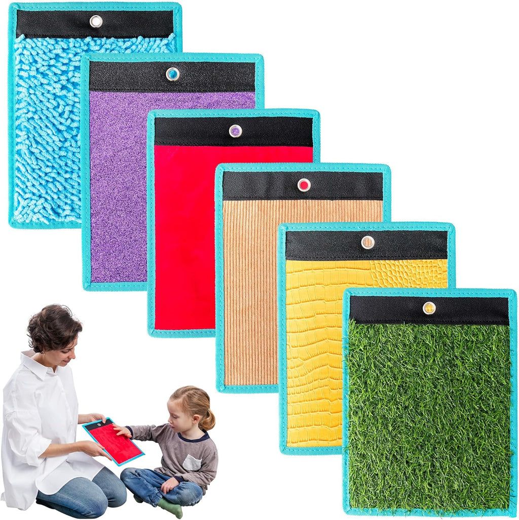 Colorful textured mats with a woman and child interacting with one of them on a white background