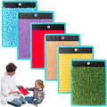 Colorful textured mats with a woman and child interacting with one of them on a white background