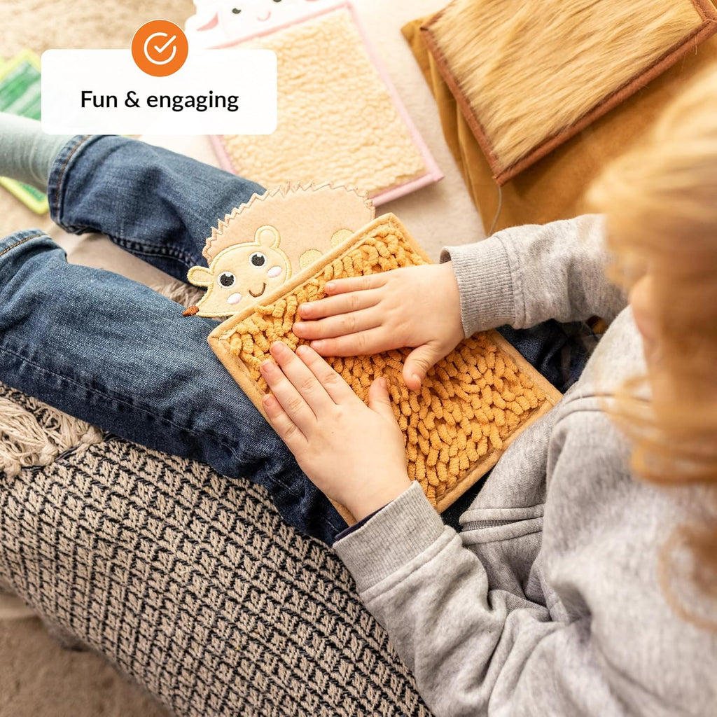 Children playing with textured mats on a carpeted floor, with 'Fun & engaging' text overlay.