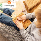 Children playing with textured mats on a carpeted floor, with 'Fun & engaging' text overlay.