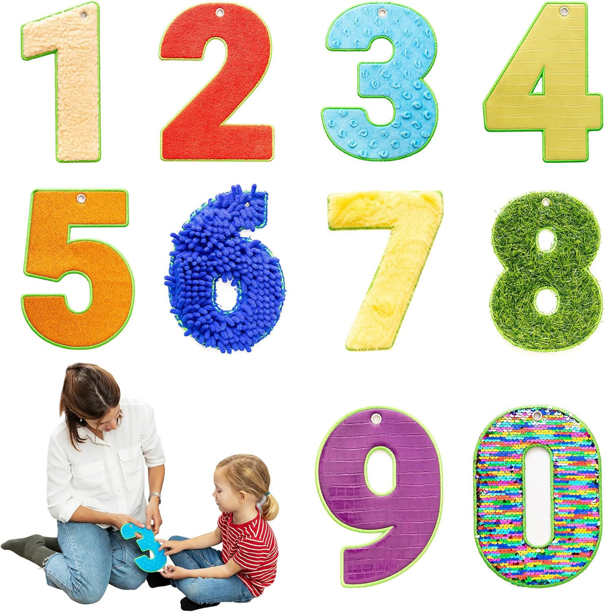 Colorful number wall tiles with a woman and child playing with a blue number.