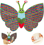 Colorful butterfly-shaped wall toy with a child playing with it and a close-up of the adhesive strip.