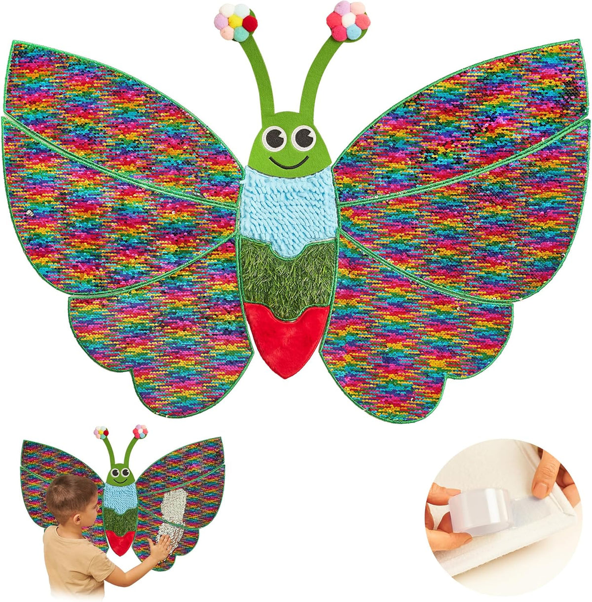 Colorful butterfly-shaped wall toy with a child playing with it and a close-up of the adhesive strip.