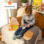 Child sitting on a couch with educational toys and books, labeled 'Educational play'.