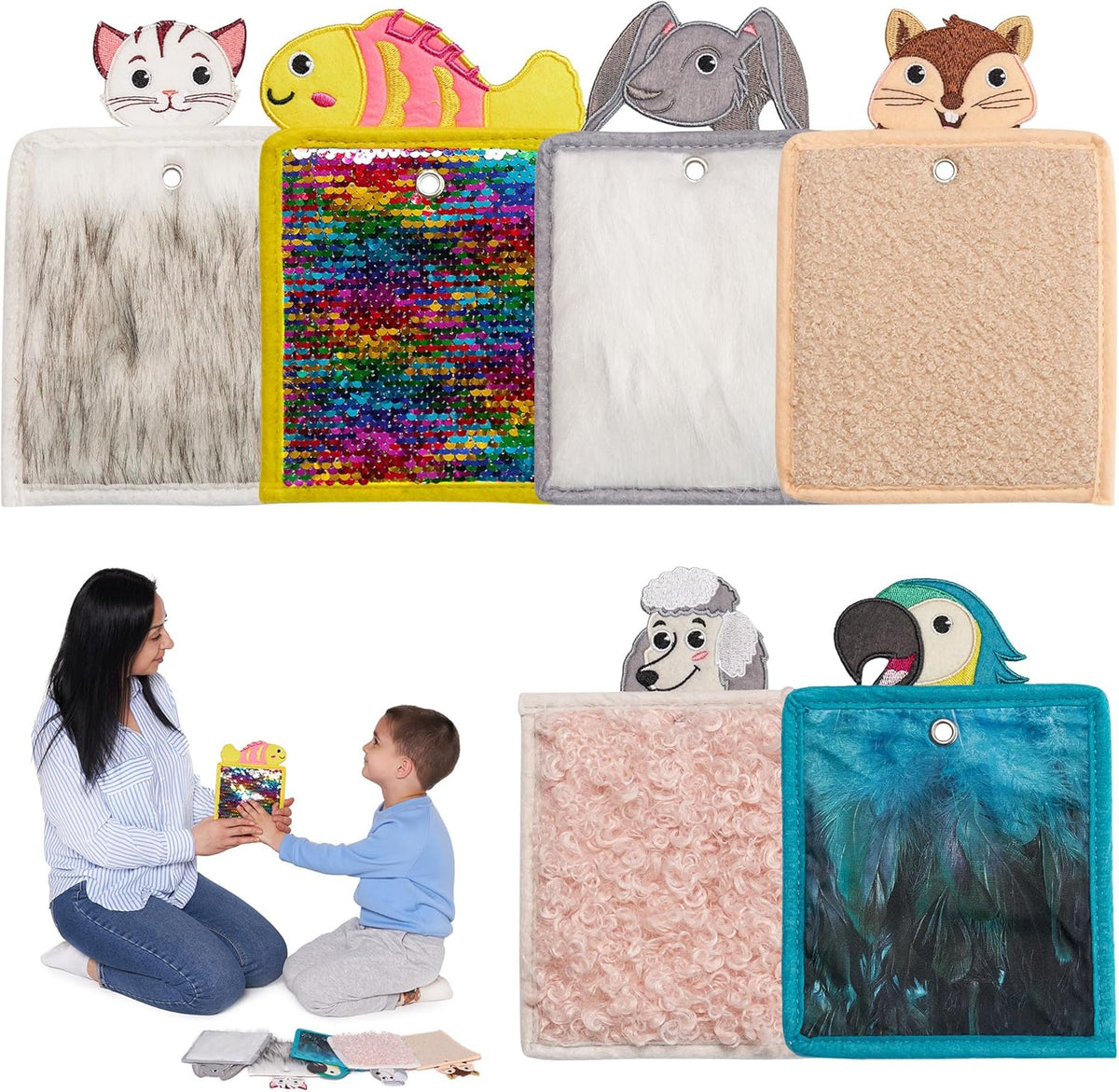 Collection of sensory wall tiles with animal designs and a woman and child interacting with one of them.