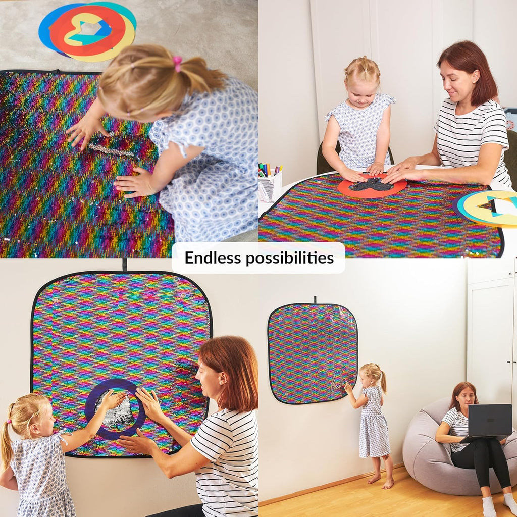 Collage of a child and adult using a colorful sequins wall mat with various activities.