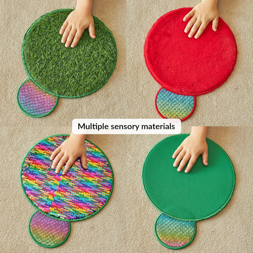 Four different textured wall mats with a hand touching them.